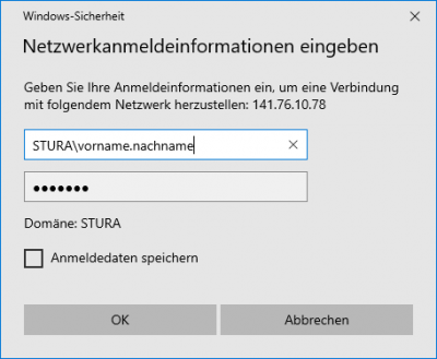 Anmeldedaten mit ausgefüllter Dömanenangabe STURA\